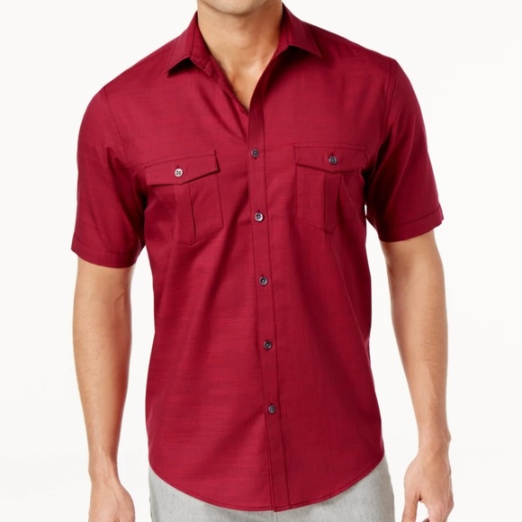 Alfani Warren Tango Red Textured Short Sleeve Shirt - Picture 1 of 7